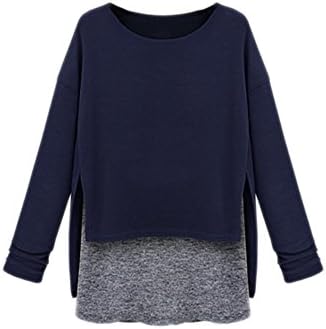 XIANKI Women Fall Cotton Blended Crew Neck Tops False Two Patchwork Sweatshirt Blue XXXXXL