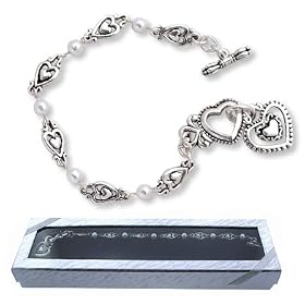 Silver and Pearl TOGGLE HEART CHARM Bracelet - Gift Boxed!