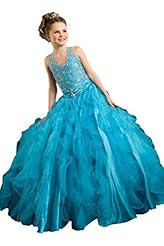 Girls  Beaded Lace Backless Floor Length Organza  Halter  Ball Gown Pageant Dress  With Ruffles