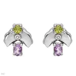 Earrings With 1.35ctw Precious Stones - Genuine Amethysts, Diamonds and Peridots Made of 925 Sterling silver. Total item weight 7.0g Length 15.5mm