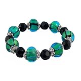 Bracelet - B30 - Faceted Glass and Lampwork Style Glass Beads - Stretch ~ Black and Green