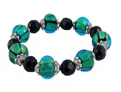 Bracelet - B30 - Faceted Glass and Lampwork Style Glass Beads - Stretch ~ Black and Green