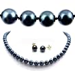 AAA Quality 18 Inch Round 7-7.5mm Black Akoya SaltWater Cultured Pearl Necklace & Earrings Set