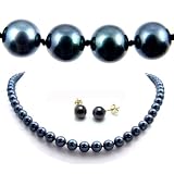 AugustinaJewelry AAA Quality 18 Inch Round 7-7.5mm Black Akoya SaltWater Cultured Pearl Necklace & Earrings Set