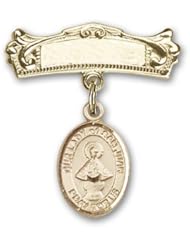 14K Gold Baby Badge with Our Lady of San Juan Charm and Arched Polished Badge Pin