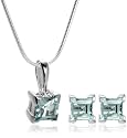 Sterling Silver Blue Topaz Princess Cut Pendant & Earrings Set