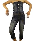 Women's Baby Phat Manhattan wash tube strapless denim jumpsuit. Authentic brand name halter dress featuring button opening down top portion, ruching effect on side seams, metal brand badge affixed on the side. Nice tube shape jumpsuit that brings out the body contour, great designer jeans plus top one piece dress presented by KLS Kimora Lee Simmons