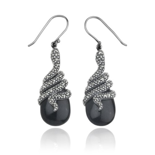 Sterling Silver Marcasite Snake and Onyx Teardrop Earrings