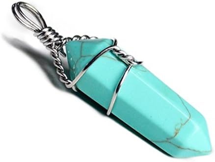 Silver Wire Wrap Artificial Crystal Healing Point Pendant Chakra Cut Gemstone Jewelry for Necklace Making 37*8mm (Turquoise)
