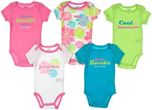 Calvin Klein Baby-Girls Newborn 5 Pack Bodysuits Green Blue Pink Group