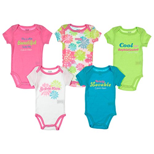 Calvin Klein Baby-Girls Newborn 5 Pack Bodysuits Green Blue Pink Group
