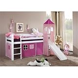 Hochbett Kinder Spielbett Vorhang Pink mit Turm und Rutsche - Kiefer Massiv - Weiß - NC-21