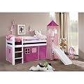 Hochbett Kinder Spielbett Vorhang Pink mit Turm und Rutsche - Kiefer Massiv - Wei� - NC-21