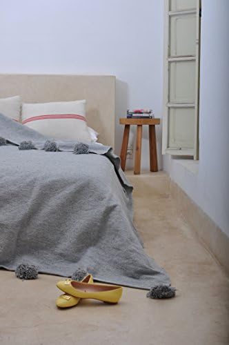 Miss Grey. Moroccan Pom Pom Blanket Throw, Quilt, Bedding, Cotton. Medium (59 x 98 inches / 1.5 x 2.4 m)