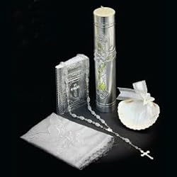 Silver-Plated Baptismal Gift Set in Spanish with Decorated Candle, Elegant Rosary, Baptismal Missal, Holy Spirit Handkerchief, and Decorated Shell (Banada en Plata Bautizo Set de Regalo)