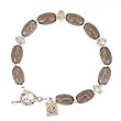 Oval Shaped Smokey Quartz Gemstone Bead Toggle Bracelet with Crystal and Sterling Silver Lotus Blossom Flower Charm Accents, 7 3/4" Length, #7530