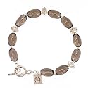 Oval Shaped Smokey Quartz Gemstone Bead Toggle Bracelet with Crystal and Sterling Silver Lotus Blossom Flower Charm Accents, 7 3/4" Length, #7530