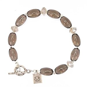 Oval Shaped Smokey Quartz Gemstone Bead Toggle Bracelet with Crystal and Sterling Silver Lotus Blossom Flower Charm Accents, 7 3/4" Length, #7530