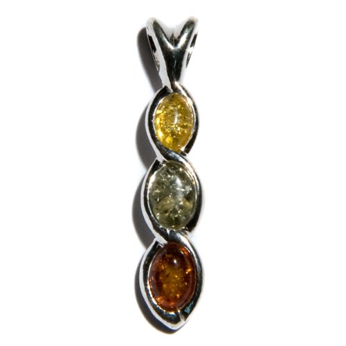 Certified Genuine Multicolor Amber and Sterling Silver Three-stone Pendant