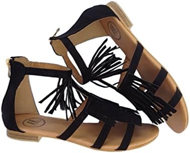 Genuine Leather Fringe Gladiator Sandals (8.5 to 9, Black)