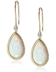 10k Yellow Gold, Teardrop Created Opal, and White Diamond Earrings