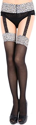 DONNAFULLIA Women's Black+Leopard Crotchless Silk Stockings(One Size,Black+Leopard)