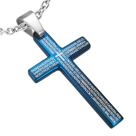 SP28 Unisex Halskette Edelstahl HK 40 Kreuz Anh&Atilde;&curren;nger Blau mit Schrift 37 / 21 mm Edelstahlhalskette 60 cm