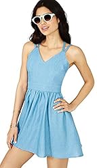 A-line V-neck Denim Halter Empire   Waistline Backless  Dress