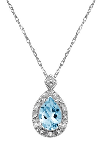 10k White Gold, December Birthstone, Coated Blue Topaz and Diamond Pear Shaped Pendant