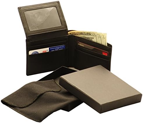 Prime Men's Soft Black Leather Bi-fold Wallet with ID Window. Gift Box.