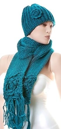 Flower Accent Crochet Pocket Scarf and Beanie / Skull Cap Set ( Choose from 6 colors )