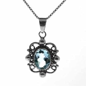 Sterling Silver Genuine Blue Topaz Stone Filigree Oval Pendant by SilverSpeck.com