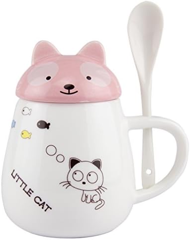 Pretty Housekeeper Creative cat ceramic cup with spoon funny coffee mug with lid Cute Bone China Mug cups set with handle,Cartoon face,11 Oz,Pink Openeye