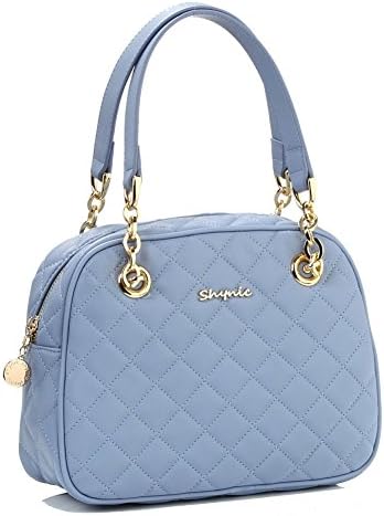 SHYNIC Dual-Tone Diamond Quilted Bowling Duffle Style Top Handle Bag Handbag (Navy Blue)