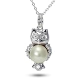 Sterling Silver Pearl and Cubic Zirconia CZ Owl Charm Animal Necklace