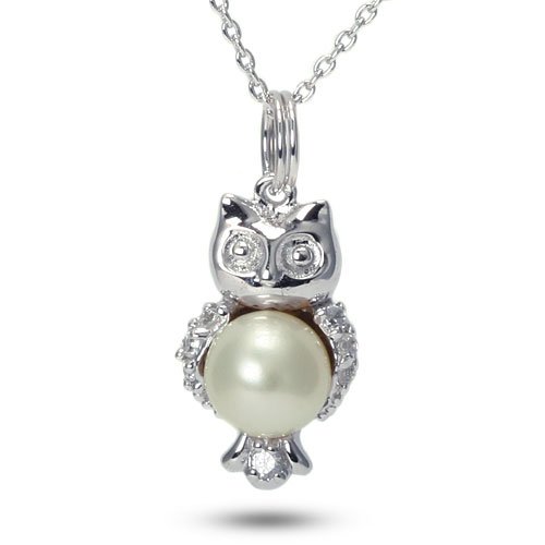 Sterling Silver Pearl and Cubic Zirconia CZ Owl Charm Animal Necklace