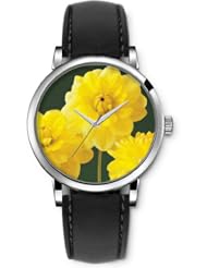 SPRAWL Aanalog Fashion Series Silver Ladies Watches of Genuine Black Leather Strap,Unique Wrist Watch for Women Girls Designed with yellow flowers