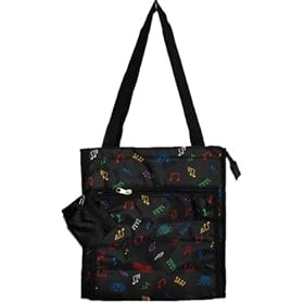 Buy Black Microfiber Zip Close Music Note Tote Bag with colorful notes, clefs, symbols by Sheer Delights