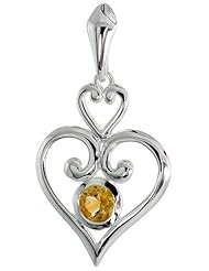 Sterling Silver Citrine Double Heart Pendant w/ Natural Citrine 1 1/4 inch (33 mm) tall
