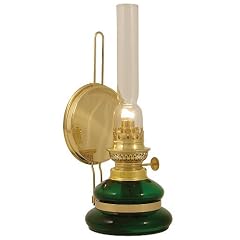 Petroleumlampe KITCHEN made in D�nemark, gr�ner Glasbeh�lter, Messingspiegel