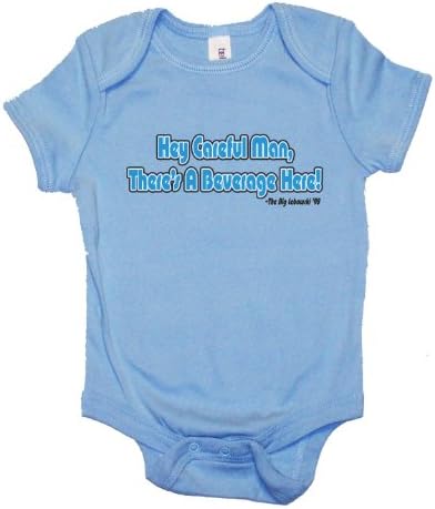 One Liners THE BIG LEBOWSKI "HEY CAREFUL MAN, THERE'S A BEVERAGE HERE." MOVIE LINE ONESIE IN LT. BLUE/NAVY- 6-12 Months