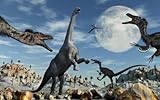 IMAGE OF Wallmonkeys Peel and Stick Wall Decals - A Lone Camarasaurus Dinosaur Is Confronted by a Pack of Velociraptors. - 36