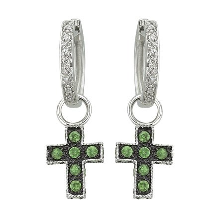 14K White Gold Tsavorite and Diamond Cross Earrings