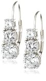 Platinum Overlay Sterling Silver Round Cubic Zirconia Three-Stone Lever Back Earrings