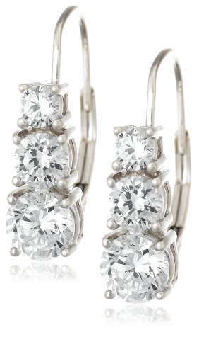 Platinum Overlay Sterling Silver Round Cubic Zirconia Three-Stone Lever Back Earrings