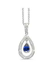 Twin Pear Shaped Diamond Pendant In 18K White Gold With A 0.75 ct. Genuine Blue Sapphire Center Stone.