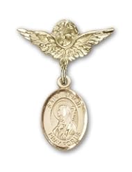 14K Gold Baby Badge with St. Brigid of Ireland Charm and Angel with Wings Badge Pin