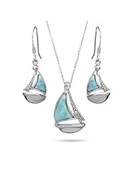 Sterling Silver Larimar and CZ Sailboat Earrings and Necklace Set
