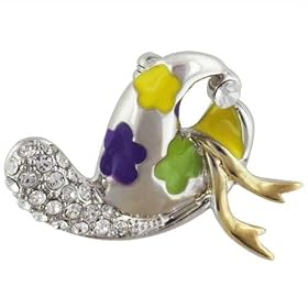 Silver Tone Rhinestone Enamel Ribbon Pin Brooch