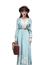 Belted Vintage Embroidered 2015 Long Sleeves Cotton/Polyester Club Dress/Evening Dress/Party Dress 